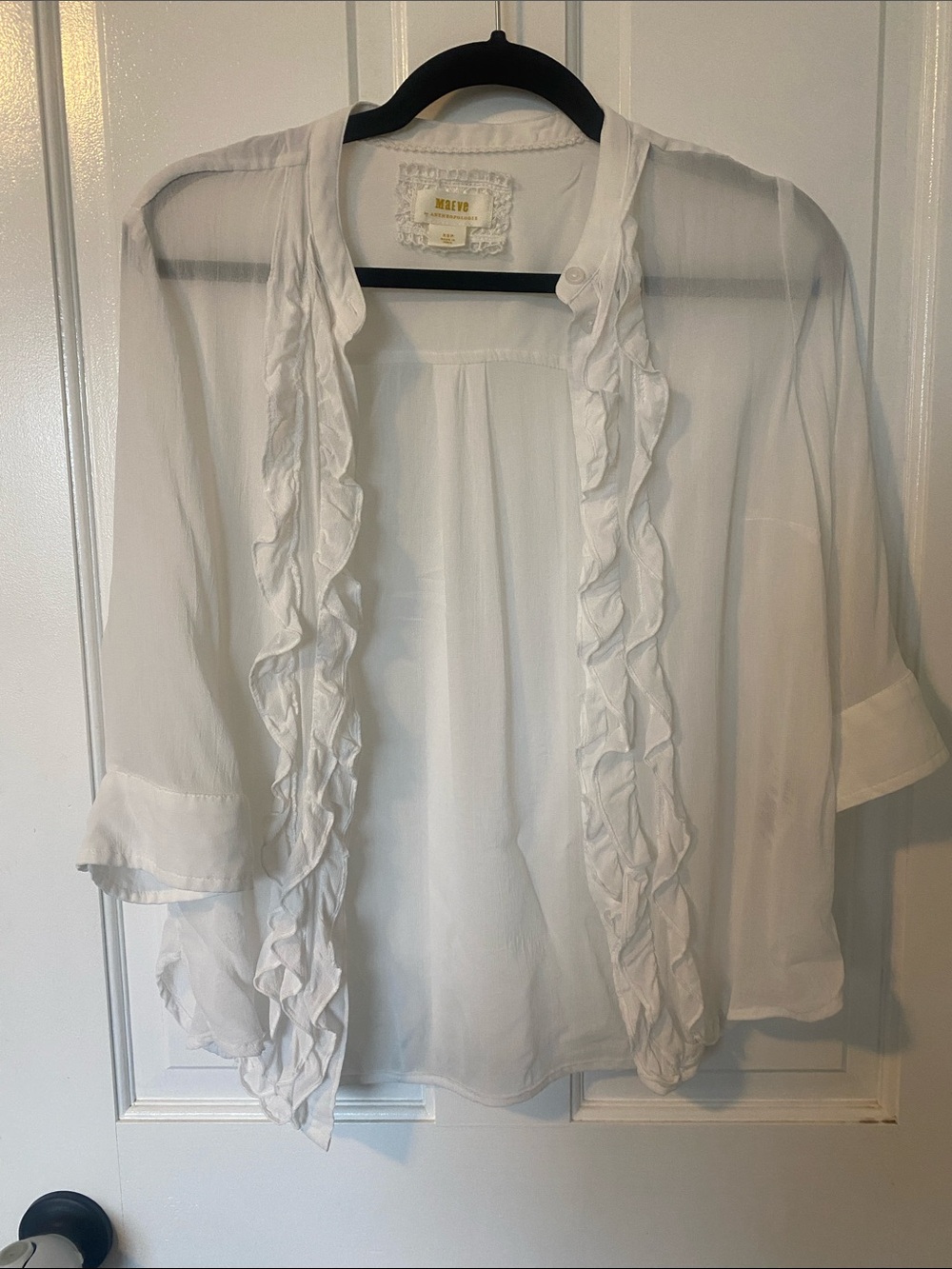 Anthropologie White Sheer Ruffled Open-Front Blouse